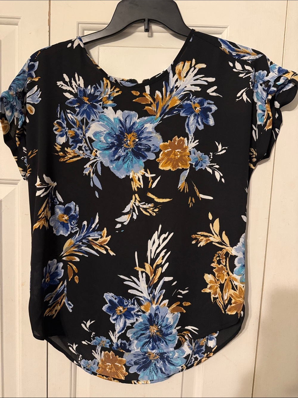Maurices Black Blouse with Blue and Gold Floral Print